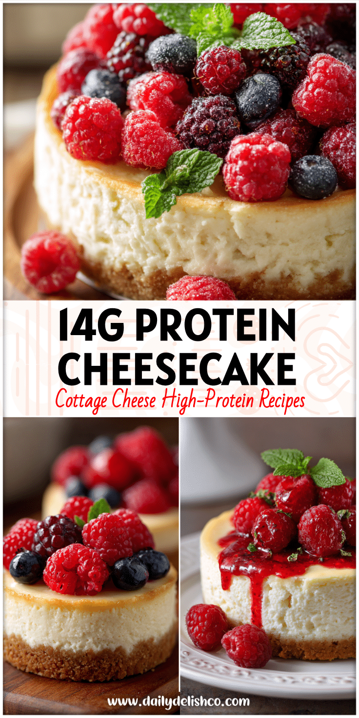 A Low Carb Lemon Raspberry Cheesecake made with cottage cheese, topped with fresh berries for a cute healthy dessert.